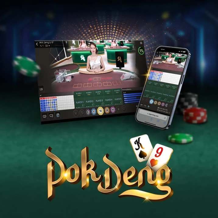 Image for an online Pok Deng game featuring a dealer at a casino table on the left and a mobile interface on the right. The text 'POK DENG' is prominently displayed at the bottom, with colorful poker chips and game cards surrounding the scene.