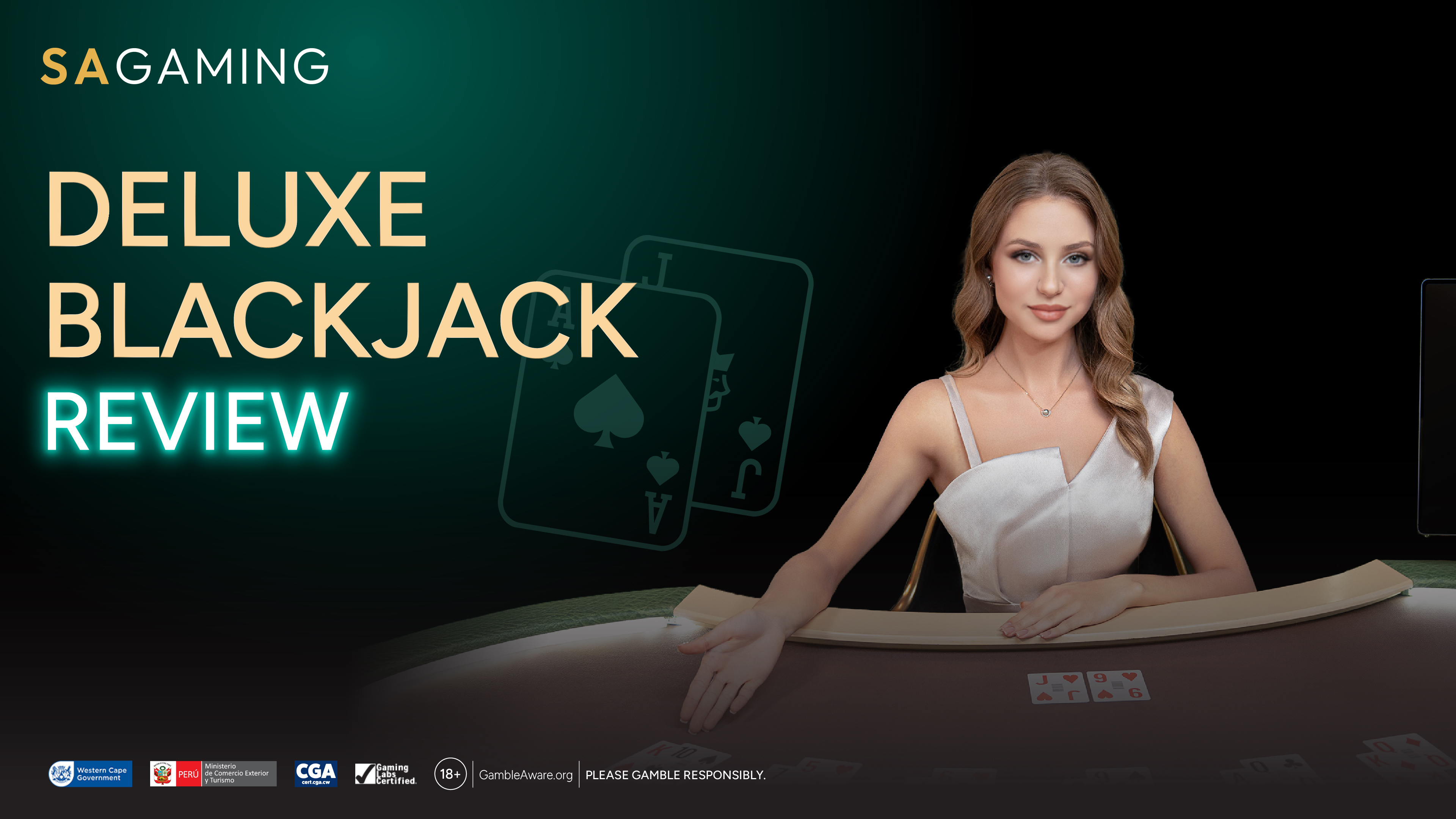 SA Gaming Deluxe Blackjack live casino game review banner: Elegant female blackjack dealer and "Deluxe Blackjack Review" text.